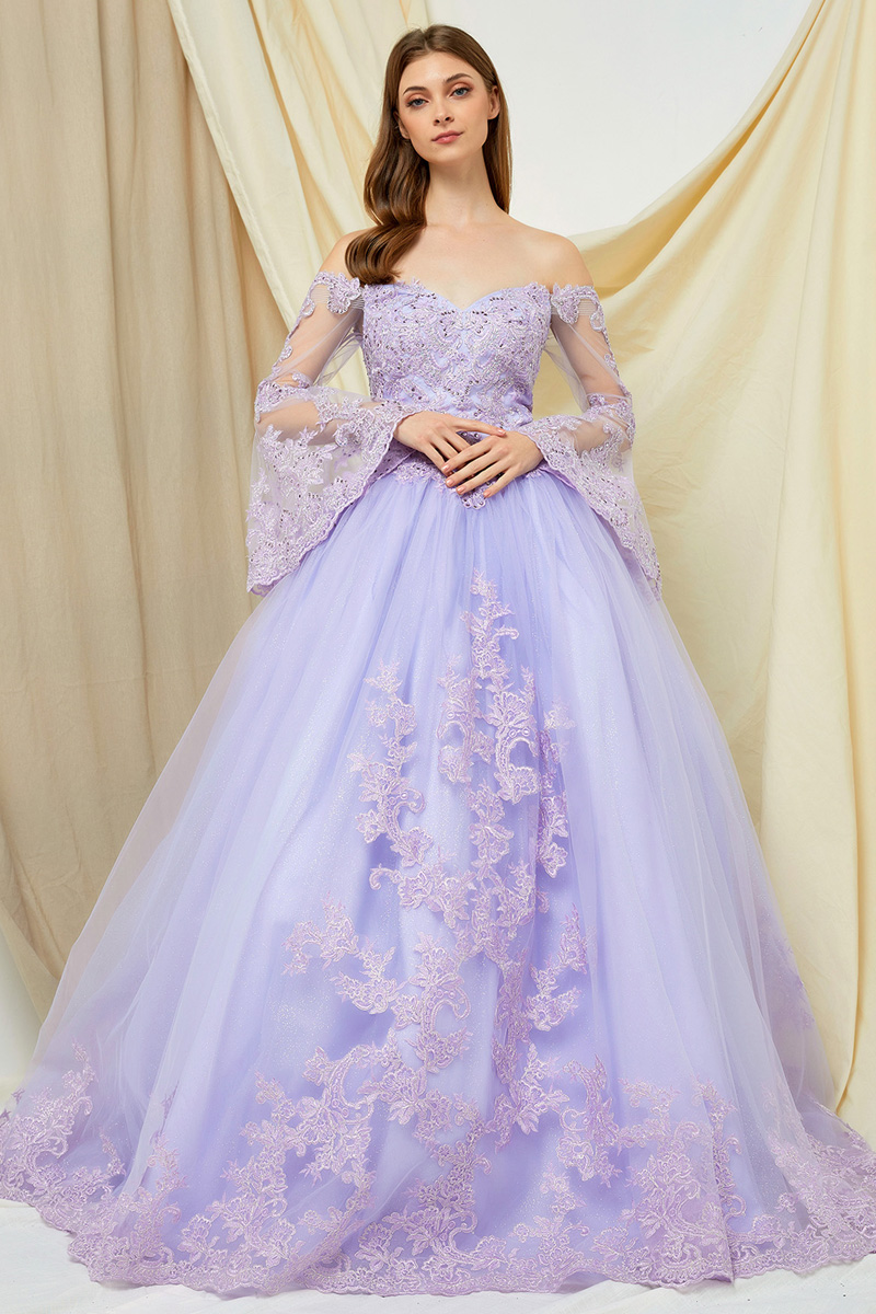 Off Shoulder Lace Trim Bell Sleeve Quinceanera Ball Gown